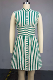 Green Sexy Stripe Buckle O Neck Sleeveless Dresses