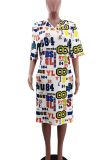 White Casual Print Draw String Hooded Straight Dresses