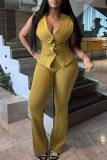 Green Yellow Casual Solid Color Buckle V Neck Sleeveless Two Pieces