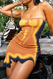 Orange Sexy Print Patchwork Spaghetti Strap Irregular Dresses