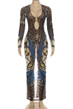 Blue Sexy Print Slit V Neck Long Dresses
