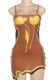 Orange Sexy Print Patchwork Spaghetti Strap Irregular Dresses