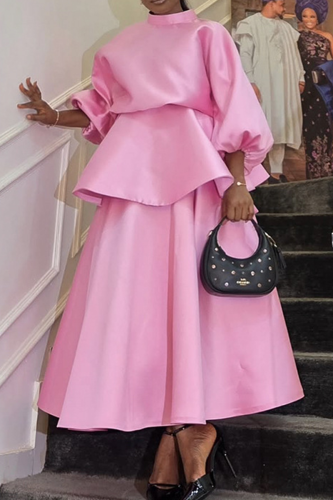 Pink Elegant Solid Color Patchwork Mandarin Collar Long Sleeve Two Pieces