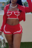 Red Casual Solid Color Stripe Contrast Zipper Collar Long Sleeve Two Pieces