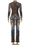Blue Sexy Print Slit V Neck Long Dresses
