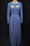 Blue Elegant Solid Color Hollow Out O Neck Long Dresses