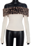 Apricot Sexy Leopard Print Patchwork Off Shoulder Tops