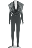 Grey Casual Solid Color Fluffy Deep V Neck Skinny Jumpsuits