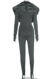 Grey Casual Solid Color Fluffy Deep V Neck Skinny Jumpsuits