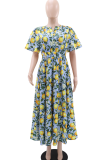 Blue Yellow Vacation Elegant Print Patchwork O Neck Long Dresses