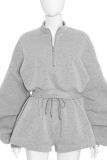 Grey Casual Solid Color Zipper Zipper Collar Long Sleeve Two Pieces