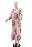 Red Casual Vacation Print Buckle Turndown Collar Long Dresses