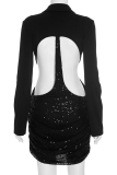 Black Sexy Solid Color Hollow Out Sequins V Neck Irregular Dresses