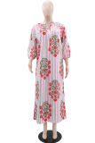 Red Casual Vacation Print Buckle Turndown Collar Long Dresses