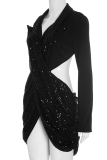 Black Sexy Solid Color Hollow Out Sequins V Neck Irregular Dresses