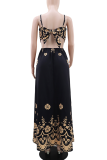 Black Sexy Print Backless Spaghetti Strap Long Dresses