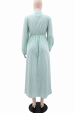 Green Elegant Stripe Strap Design Turndown Collar Long Dresses