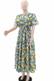 Blue Yellow Vacation Elegant Print Patchwork O Neck Long Dresses