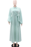 Green Elegant Stripe Strap Design Turndown Collar Long Dresses