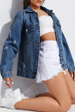 Deep Blue Casual Solid Color Buckle Turndown Collar Long Sleeve Straight Denim Jacket