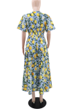 Blue Yellow Vacation Elegant Print Patchwork O Neck Long Dresses