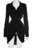 Black Sexy Solid Color Hollow Out Sequins V Neck Irregular Dresses