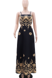 Black Sexy Print Backless Spaghetti Strap Long Dresses
