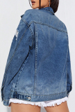 Deep Blue Casual Solid Color Buckle Turndown Collar Long Sleeve Straight Denim Jacket