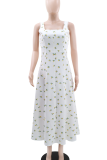 White Elegant Print Patchwork Square Neck Long Dresses