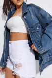 Deep Blue Casual Solid Color Buckle Turndown Collar Long Sleeve Straight Denim Jacket