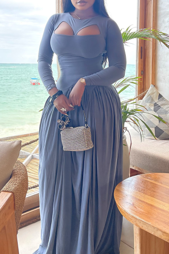 Blue Elegant Solid Color Hollow Out O Neck Long Dresses