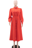 Orange Elegant Solid Color Buckle Turndown Collar Shirt Dresses