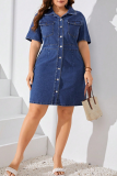 Deep Blue Casual Solid Color Buckle Turndown Collar Denim Plus Size Dresses