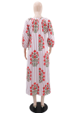 Red Casual Vacation Print Buckle Turndown Collar Long Dresses