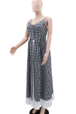 Black Gray Casual Plaid Slit Spaghetti Strap Long Dresses
