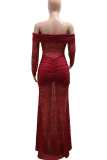 Burgundy Sexy Solid Color Lace See-Through Off Shoulder Long Dresses