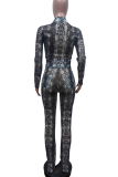 Black Sexy Snakeskin Print Zipper O Neck Long Sleeve Two Pieces