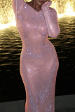 Pink Elegant Solid Color Sequined O Neck Long Dresses