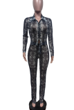 Black Sexy Snakeskin Print Zipper O Neck Long Sleeve Two Pieces