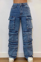 Blue Casual Solid Color Pocket Straight Denim Jeans