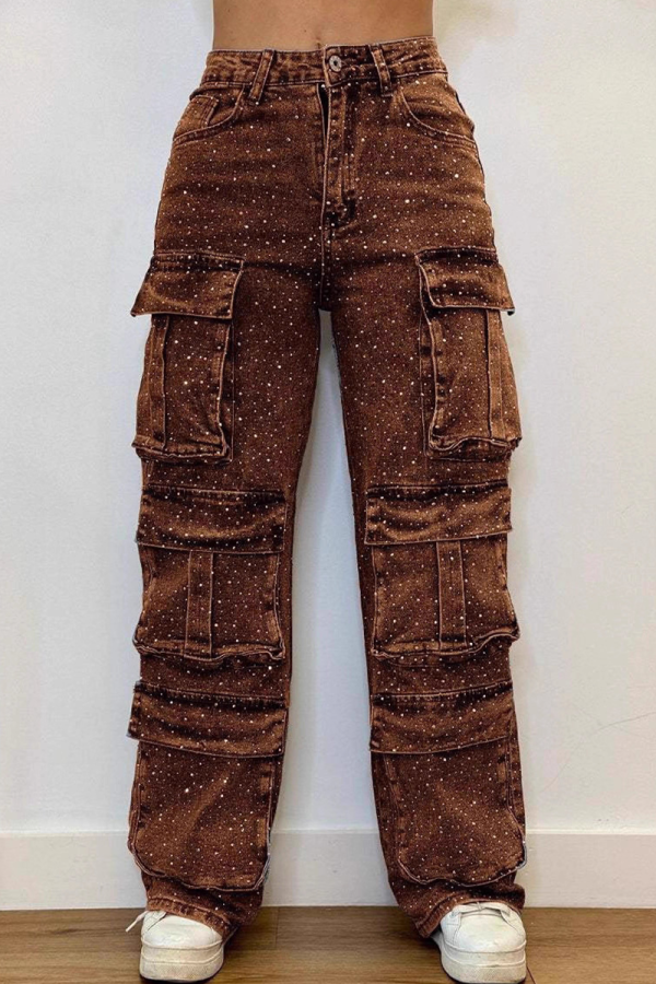 Light Brown Casual Solid Color Pocket Straight Denim Jeans