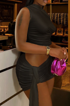 Black Sexy Solid Color Oblique Collar Sleeveless Two Pieces