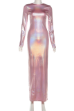 Pink Elegant Solid Color Sequined O Neck Long Dresses