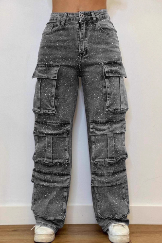 Grey Casual Solid Color Pocket Straight Denim Jeans