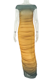 Yellow Elegant Gradient Ruched O Neck Long Dresses