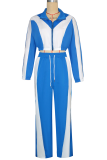 Blue Casual Contrast Zipper Collar Long Sleeve Two Pieces