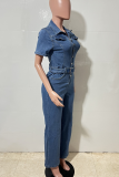 Blue Casual Solid Color With Belt Turndown Collar Short Sleeve Regular Denim Jumpsuits