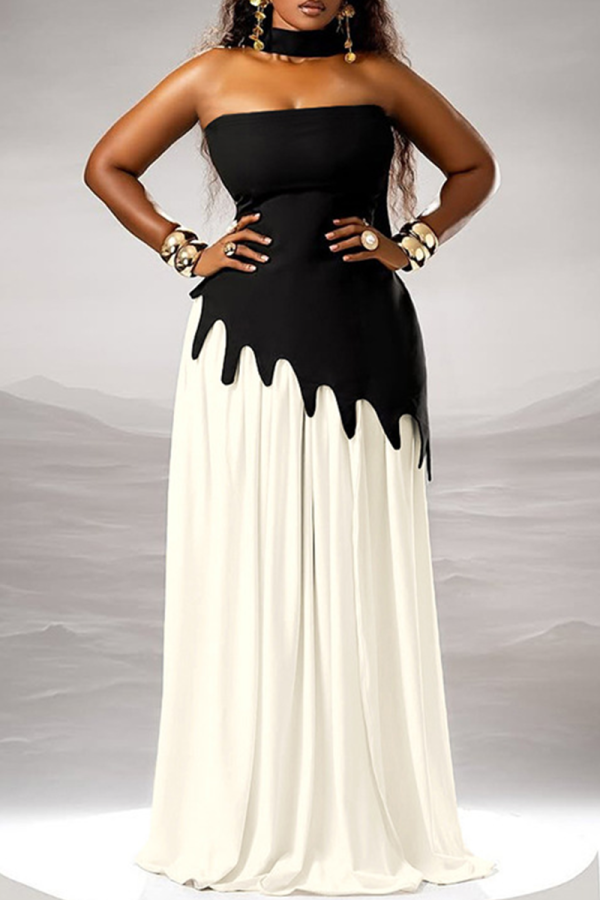 Black Sexy Solid Color Irregular Contrast Strapless Sleeveless Three Pieces