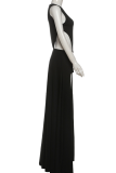 Black Sexy Solid Color High Slit O Neck Sleeveless Two Pieces