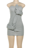 Grey Sexy Solid Color Patchwork Strapless Wrapped Skirt Dresses